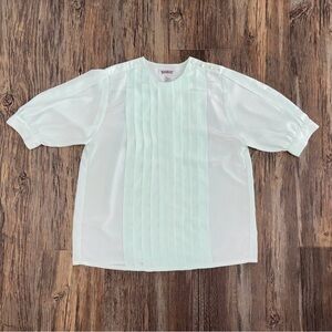 Vtg Worthington Pintuck S/S Top Womens 8 Pastel Green Pearly Buttons Semi Sheer